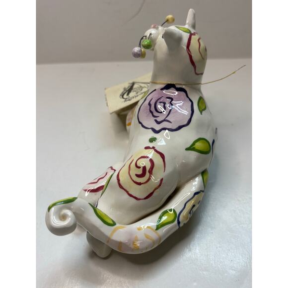 AS IS Whimsiclay by Amy Lacombe Cat Sculpture Figurine 2001 Painted Flowers - Picture 2 of 6